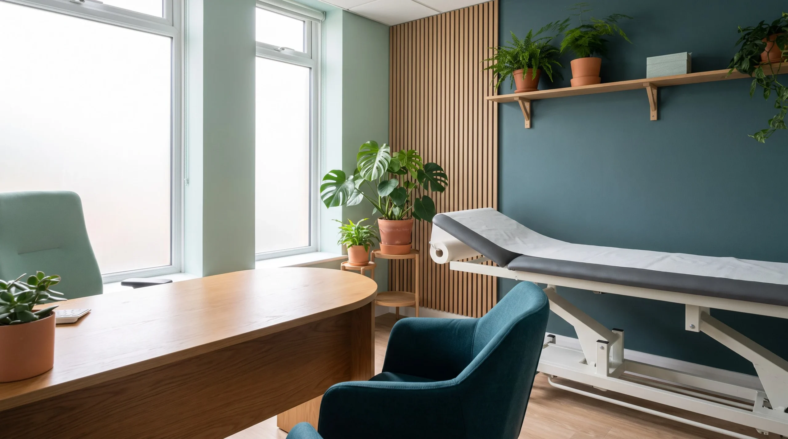 Consulting room with a desk, an examination couch and plants on a shelf