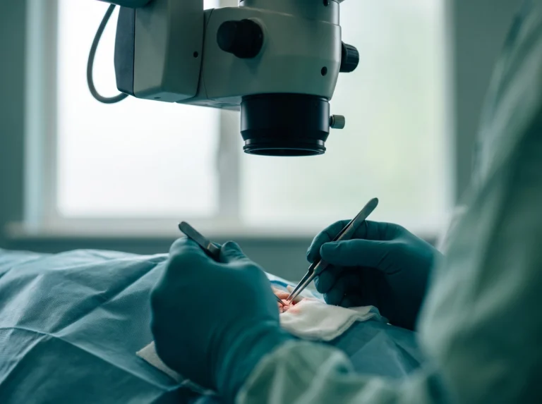 Surgeon working under an operating microscope