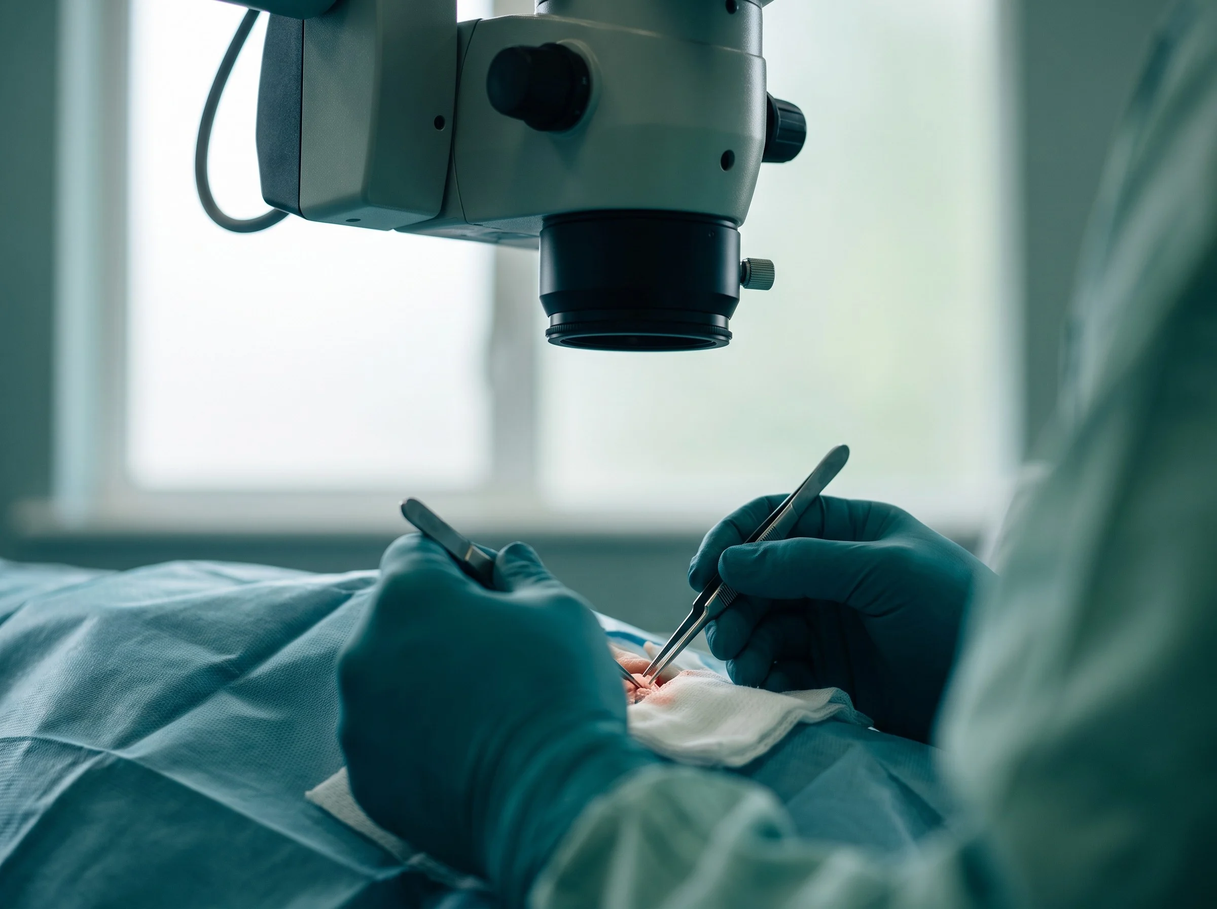 Surgeon working under an operating microscope