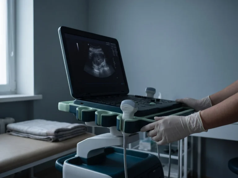 Ultrasound scanner with a gloved hand holding the probe