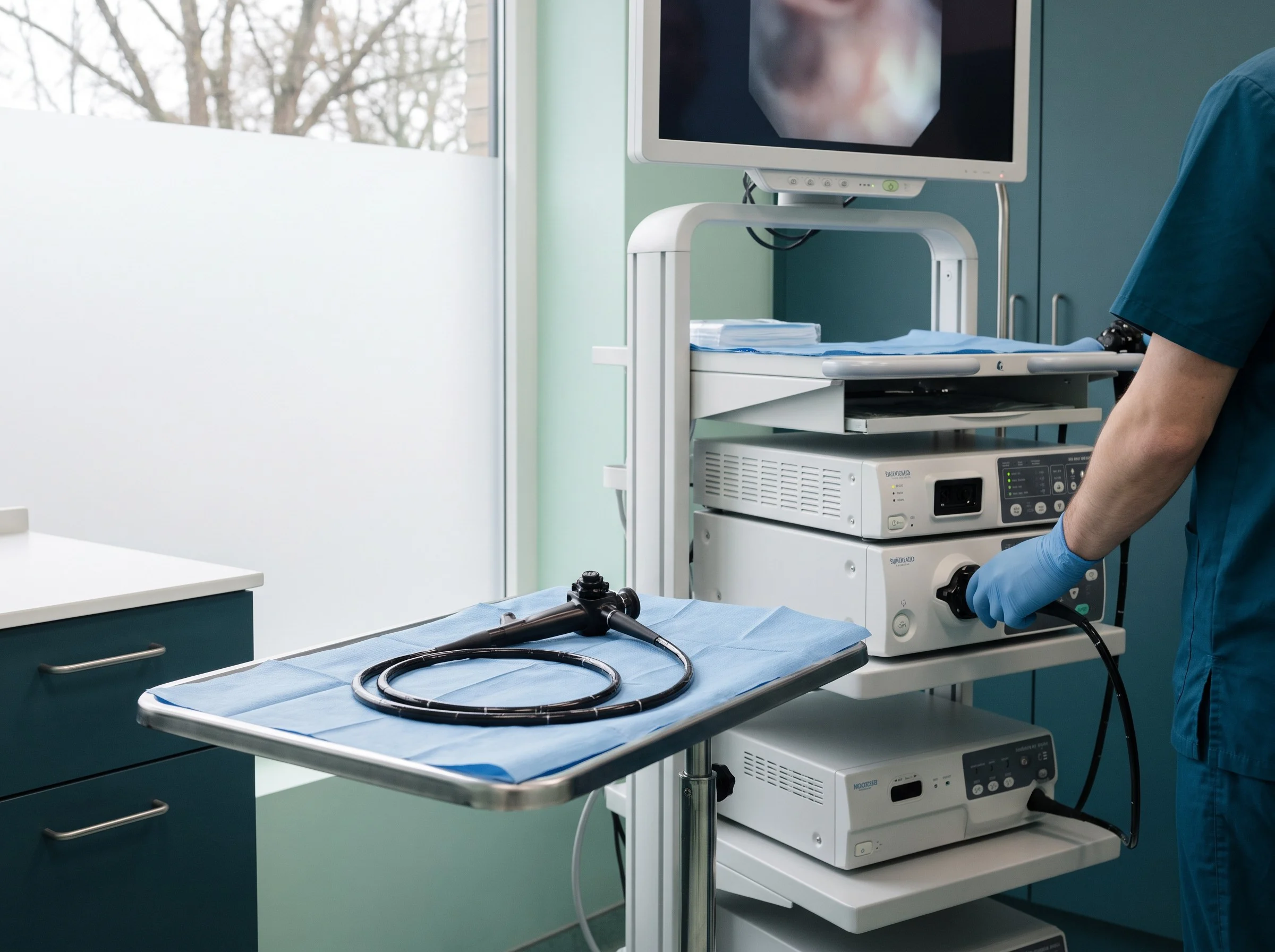 Flexible cystoscope stack and screen in a clinic room