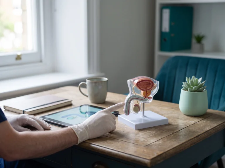 Consultant explaining a model of the prostate and bladder on a tablet