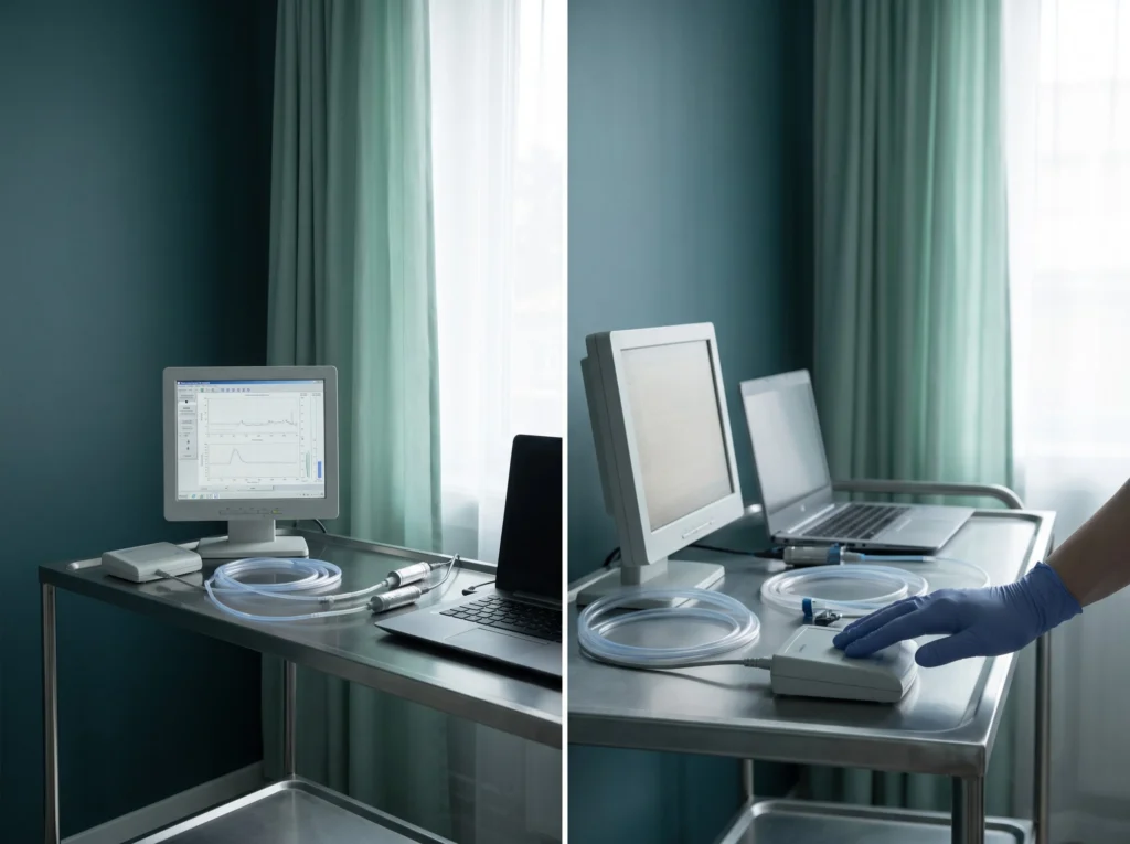 Bladder pressure test equipment with two monitors