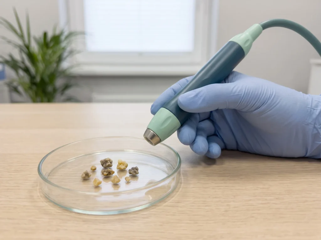 Kidney stones in a dish beside a shock-wave handpiece