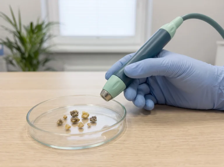 Kidney stones in a dish beside a shock-wave handpiece