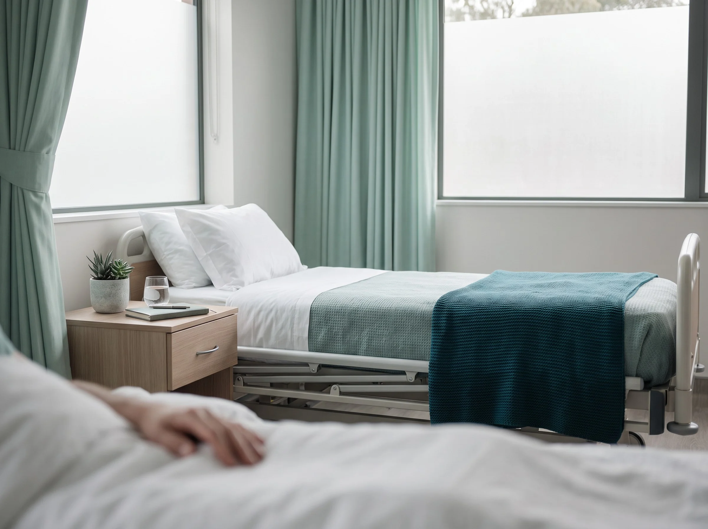 Hospital recovery room with a made bed by the window