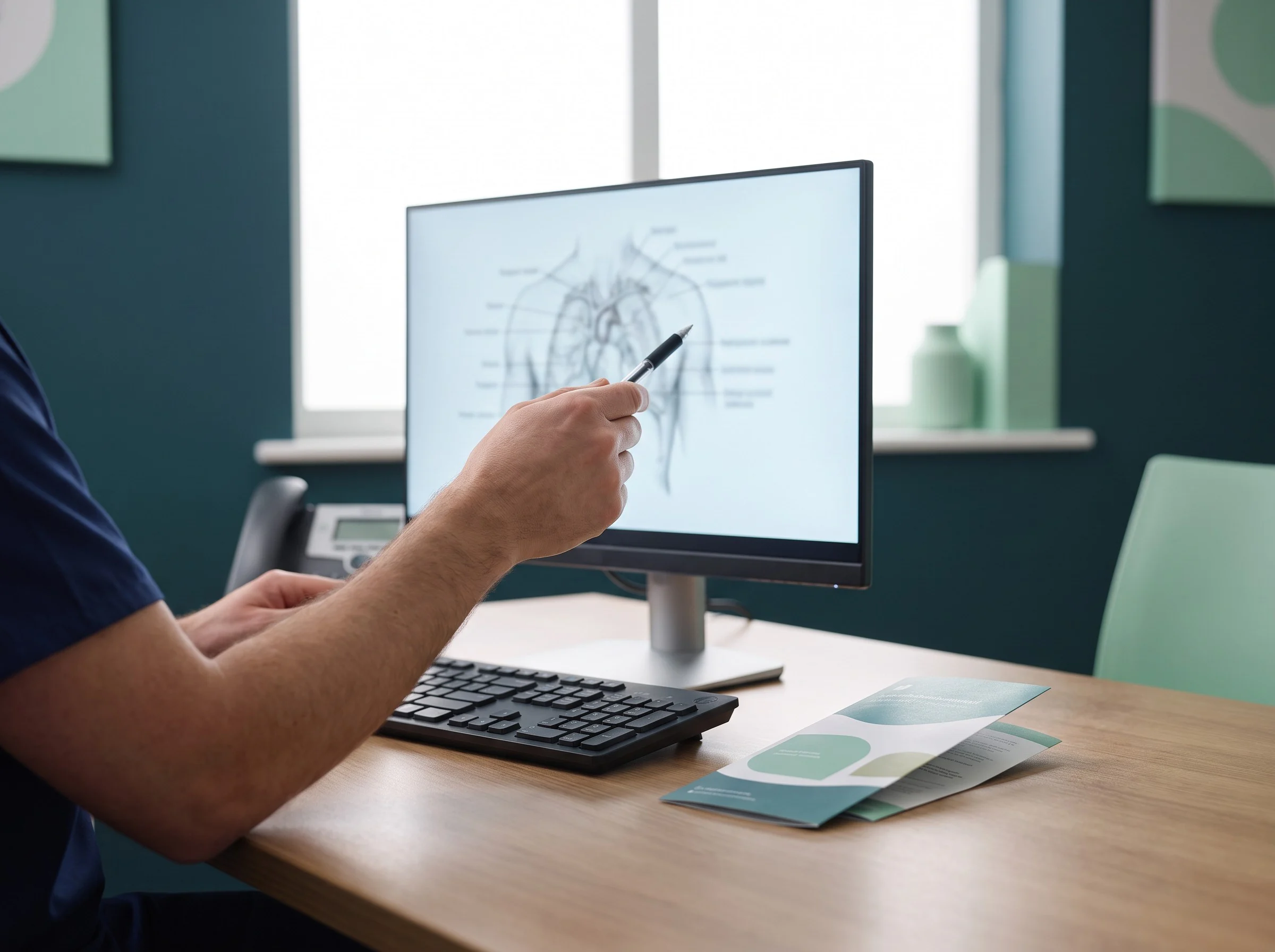 Consultant pointing at an anatomical diagram on a screen