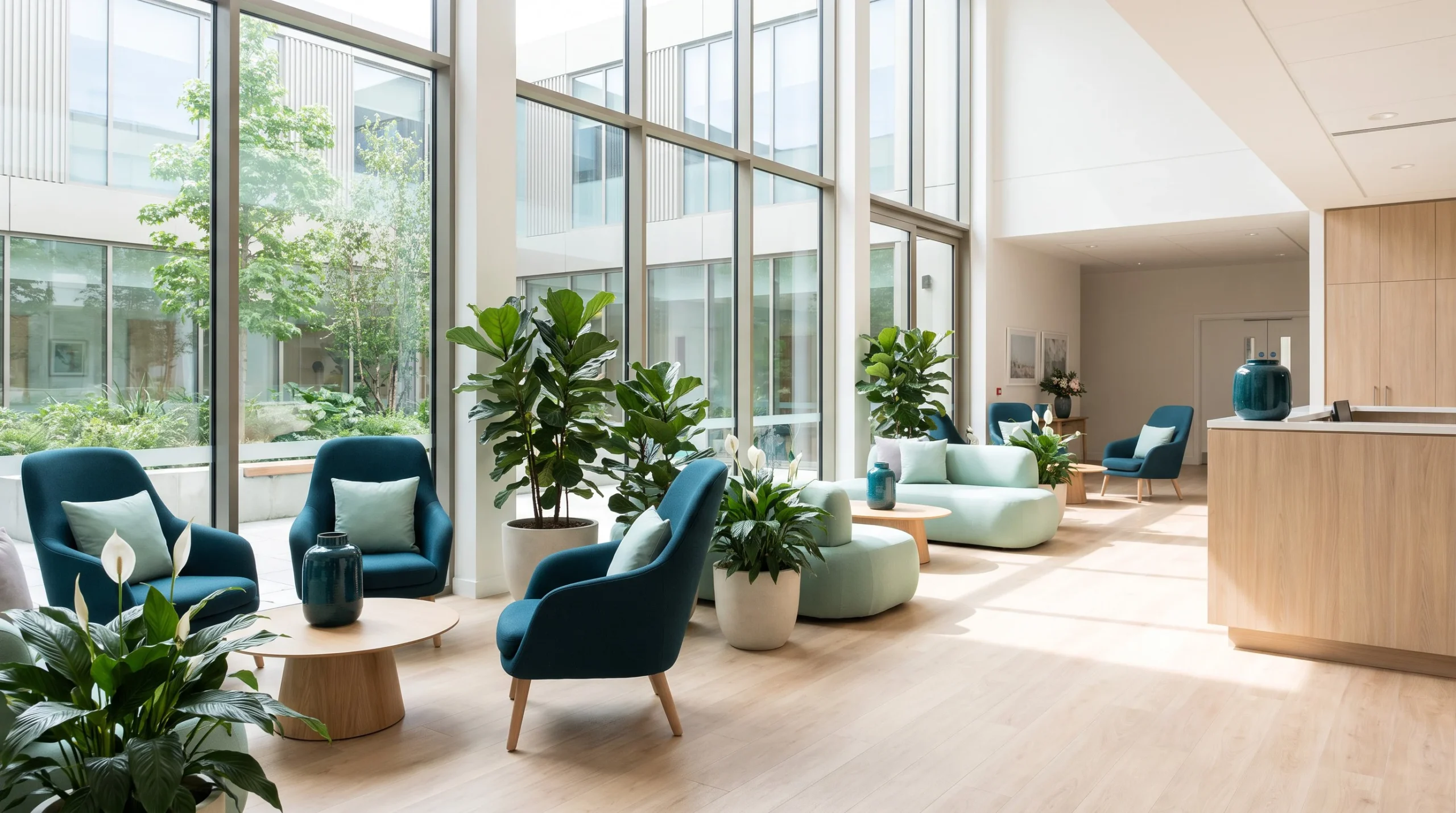 Bright hospital reception with green armchairs and plants