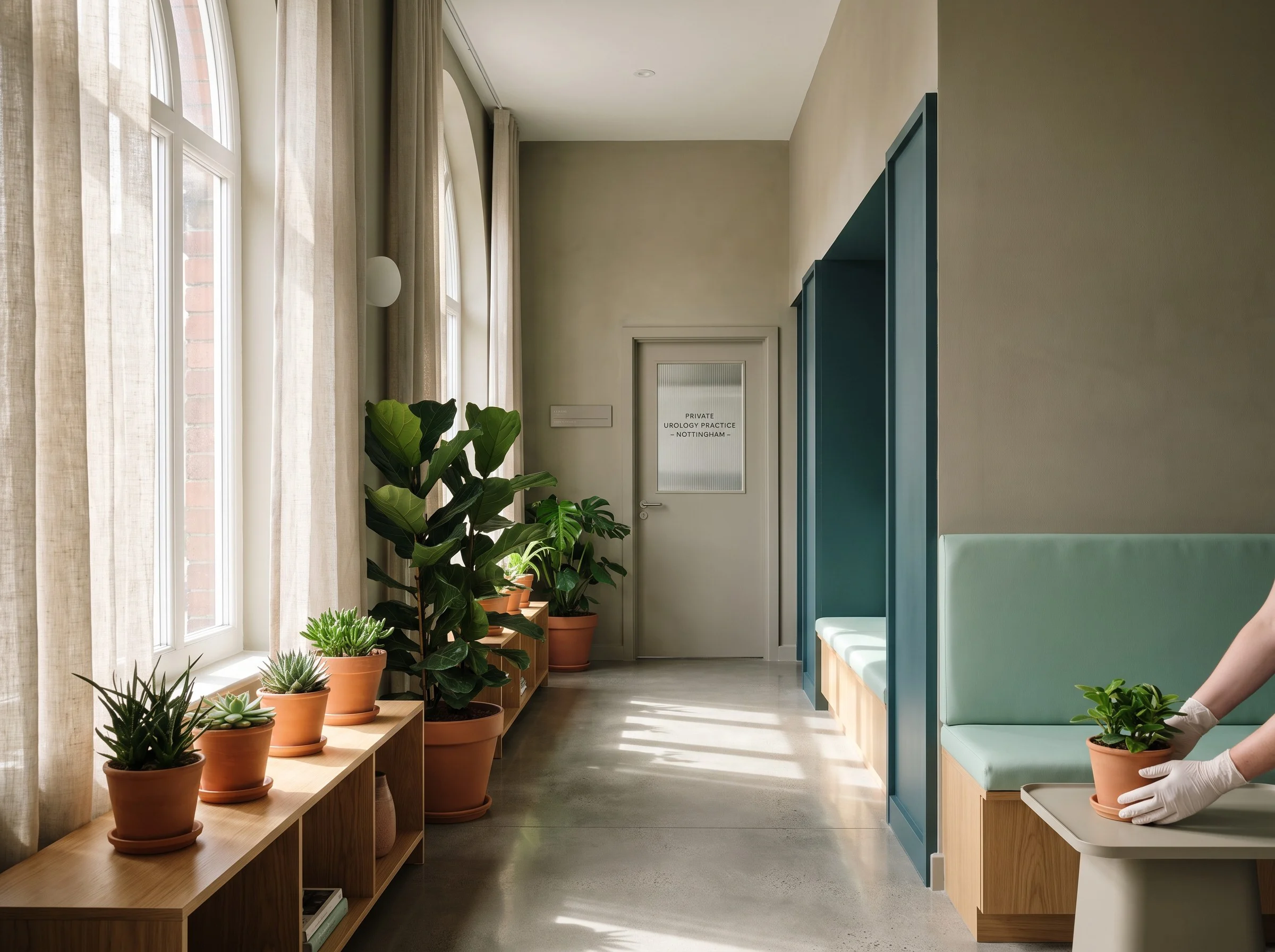 Hospital corridor with plants along a window seat