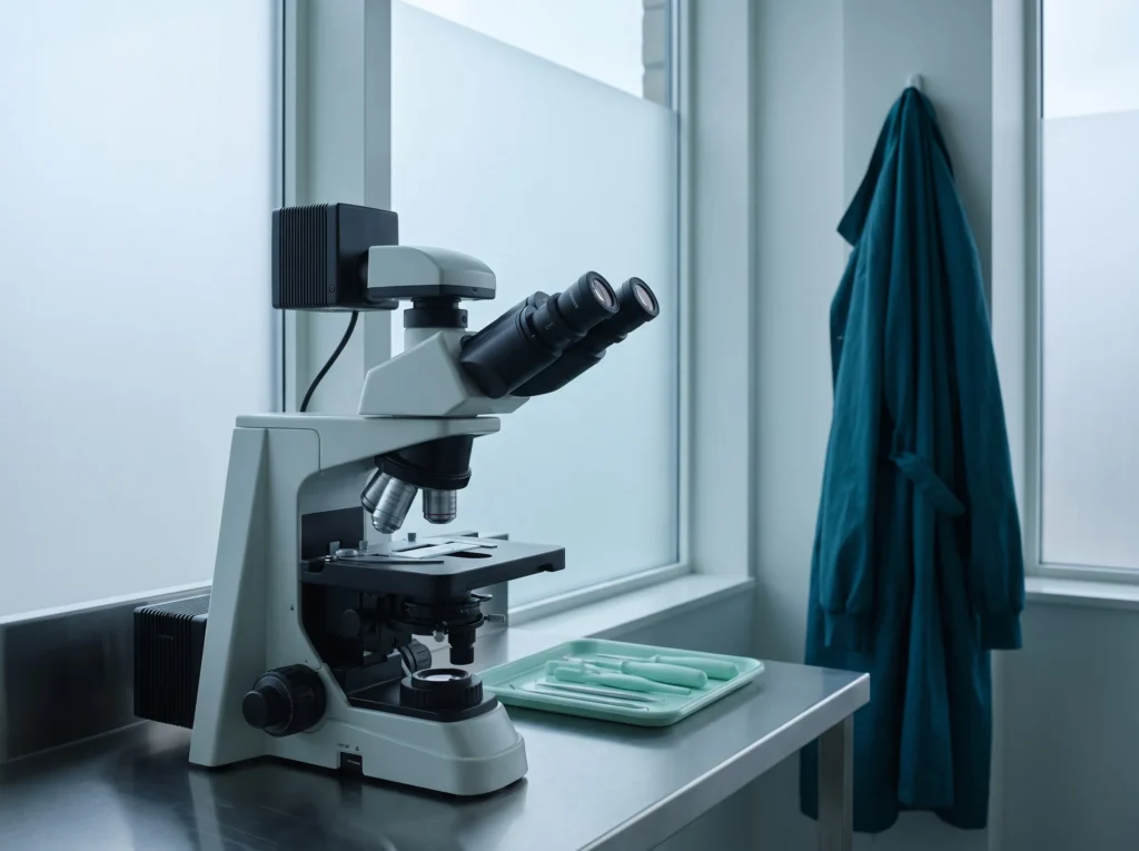 Laboratory microscope beside a hanging lab coat