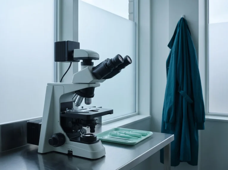 Laboratory microscope beside a hanging lab coat