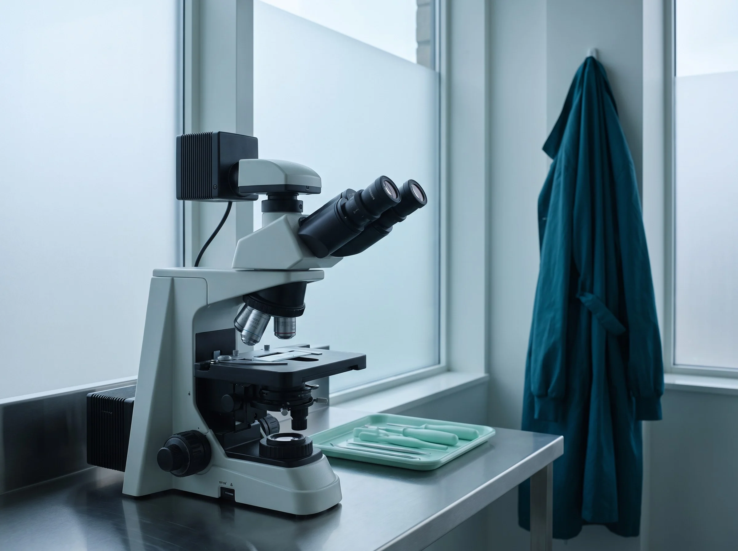 Laboratory microscope beside a hanging lab coat
